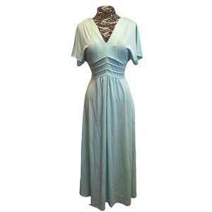 Vintage 70s Dress Evening Gown Mint Green Long Maxi‎ V Neck Empire Waist Flowy S